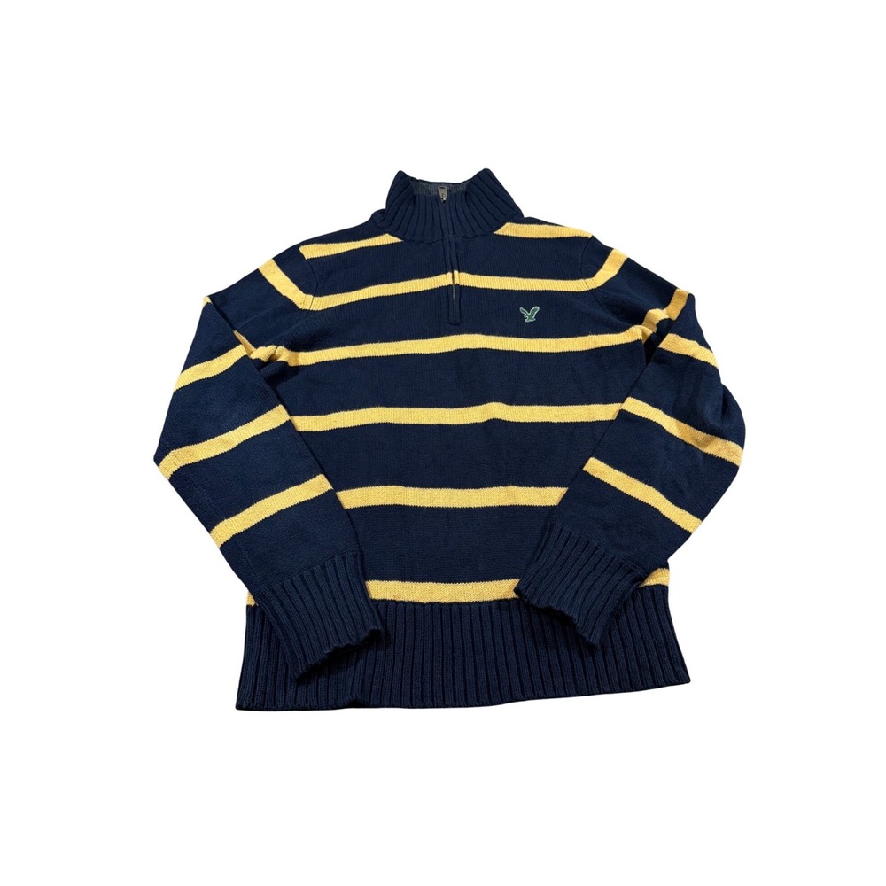 American Eagle Quarter Zip Sweater Y2K Retro Rugby Striped Mens Vintage Style M